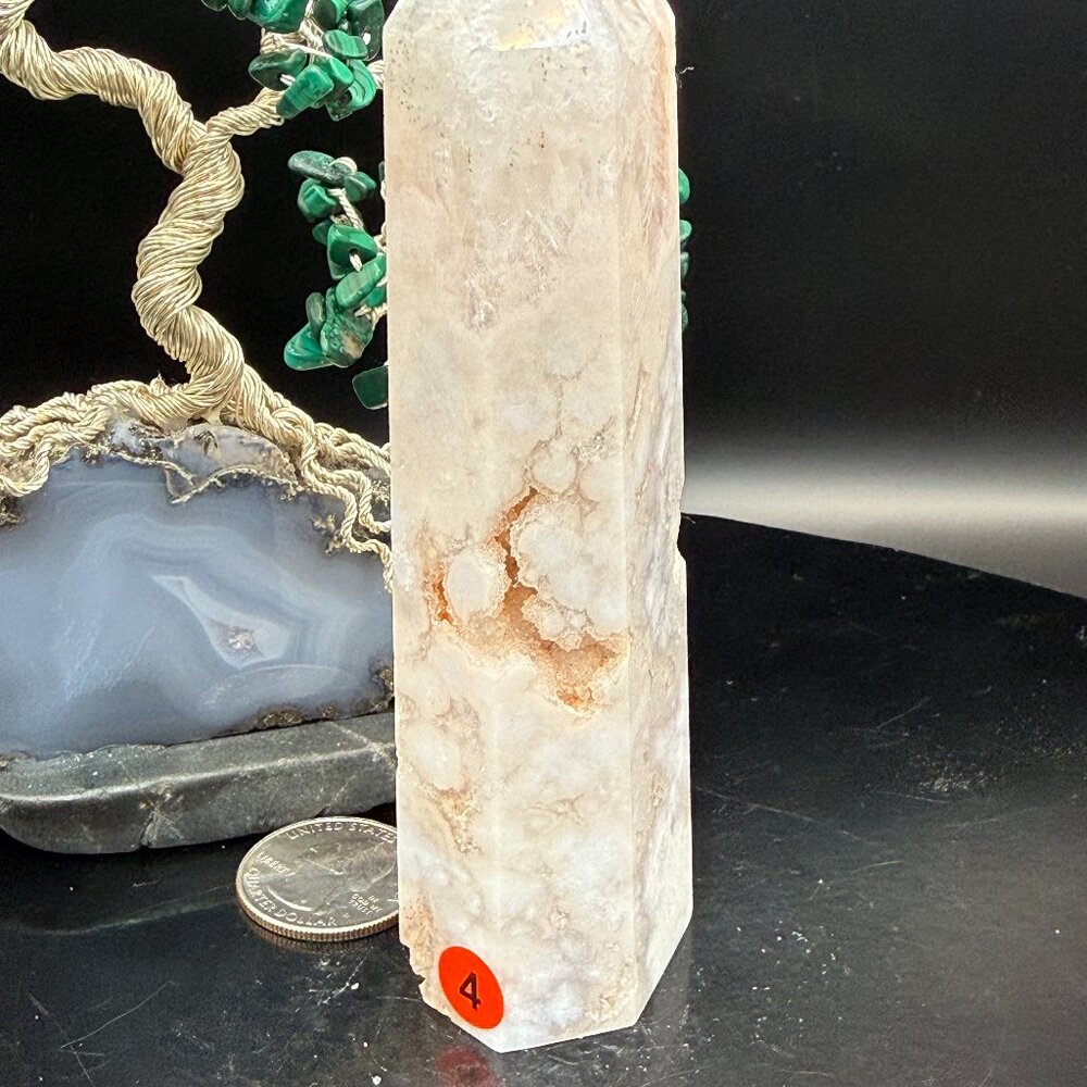 Pink Flower Agate Crystal Tower 4.85" Tall Druzy Pockets Chalcedony 6 sided 4